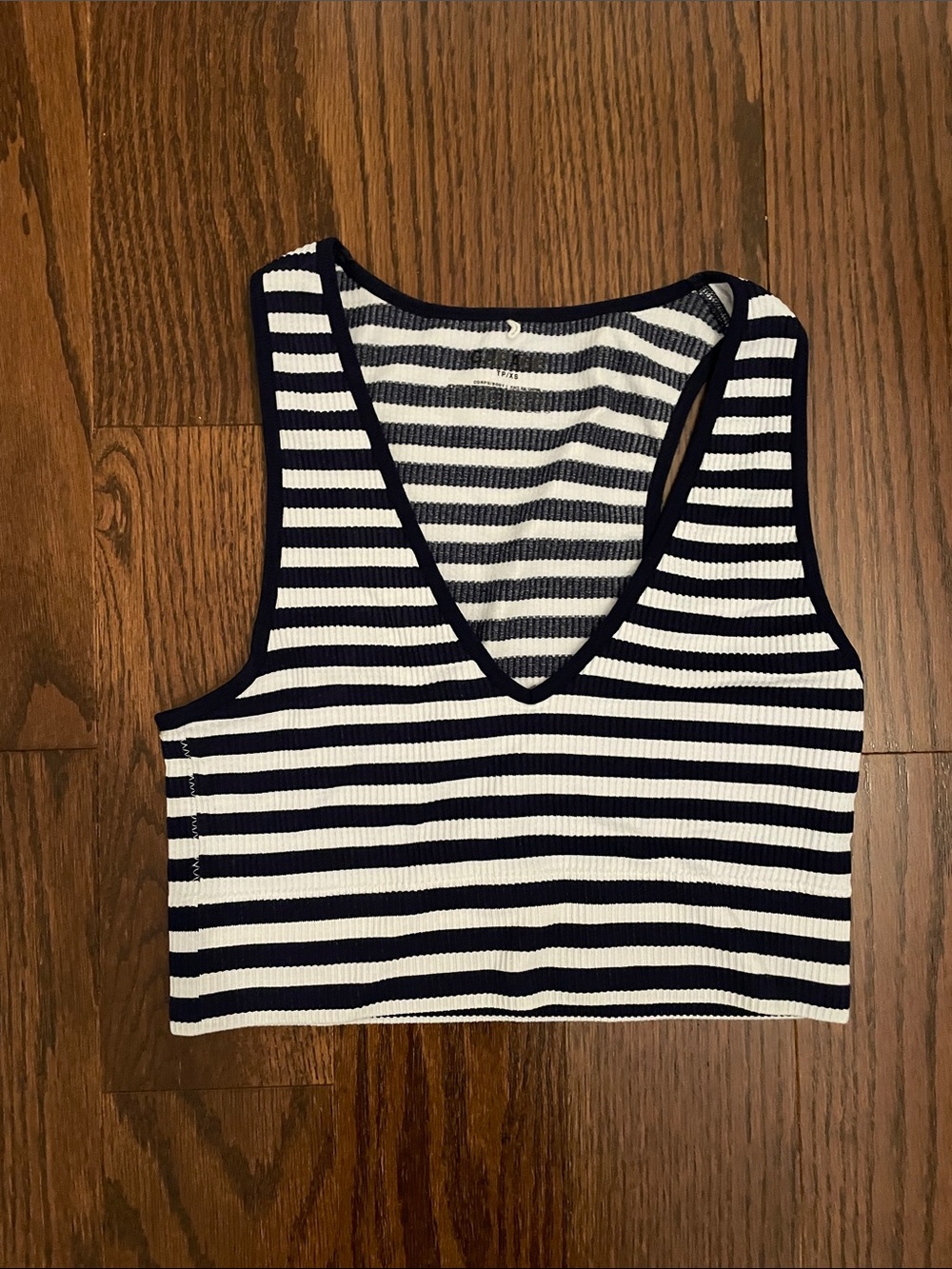 Garage Navy & White Striped V-Neck Cropped Tank
